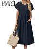 HNXC Abito Estivo Donna Taglie Forti Lungo Monocolore Cotone Lino Girocollo Tasche Pieghettato Manica Corta