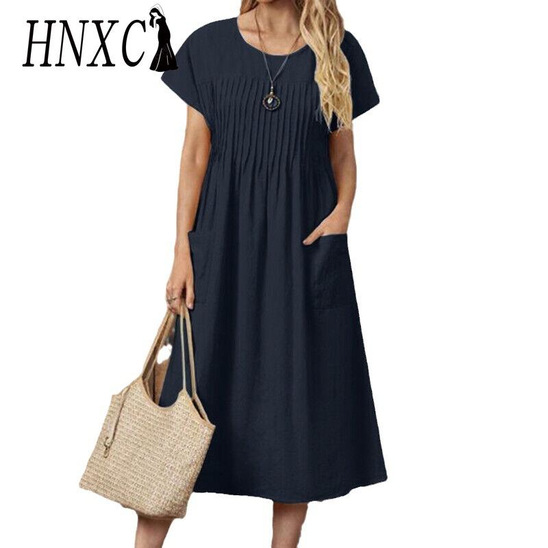HNXC Abito Estivo Donna Taglie Forti Lungo Monocolore Cotone Lino Girocollo Tasche Pieghettato Manica Corta