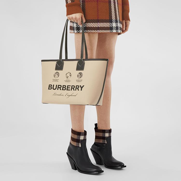 Burberry Světlý Dekorační Potisk Štítku Otevřený Design Bavlněná a Telecí Kůže Taška Tote Nákupní Taška Taška přes Rameno Ruční Taška Malé Dámské Tašky Tote Khaki 80631201
