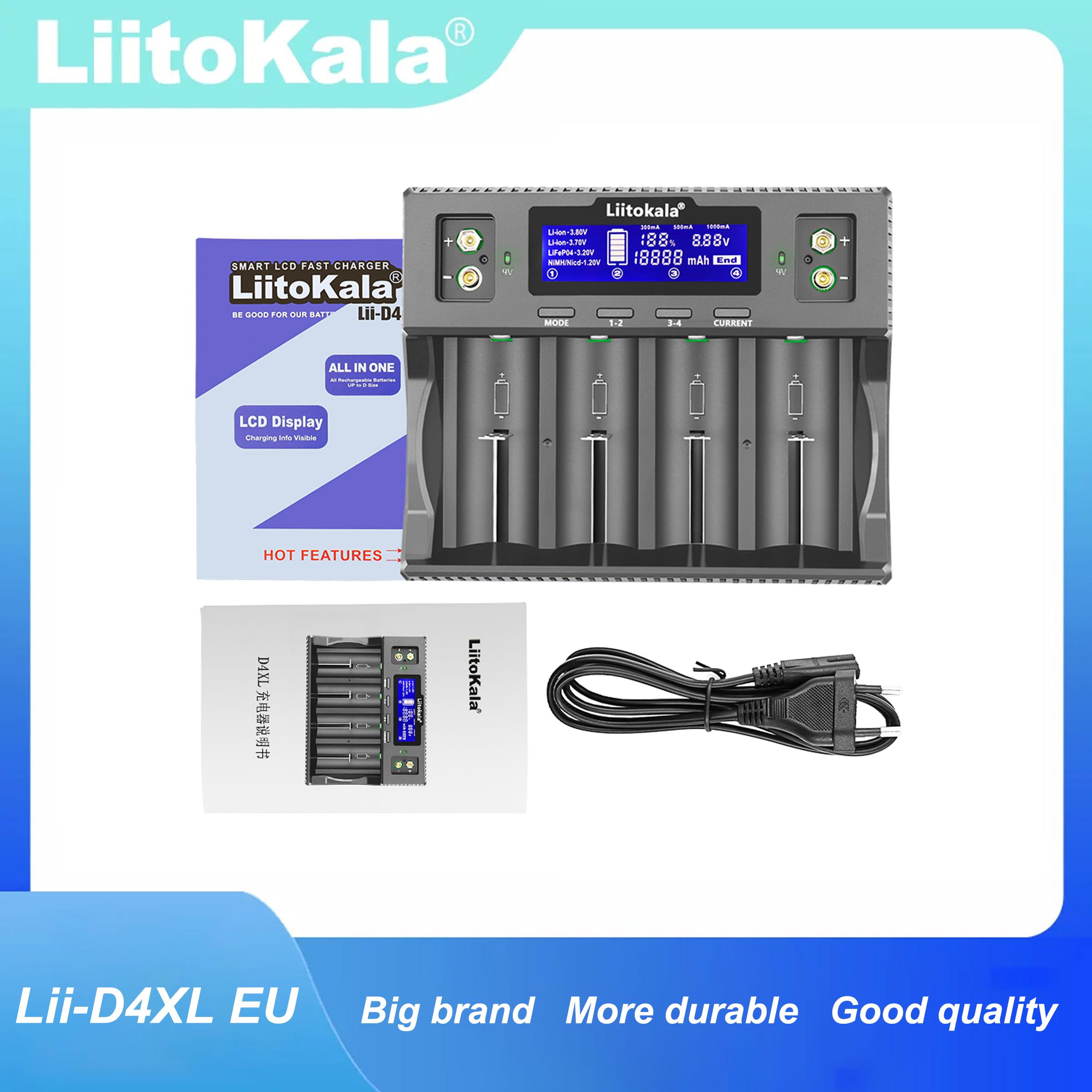 Умное зарядное устройство LiitoKala Lii-D4XL, совместимое с аккумуляторами 3,7 В Li-ion, 3,2 В LiFePO4, 1,2 В NiMH/Cd AA AAA 9 В Lii-D4XL-EU