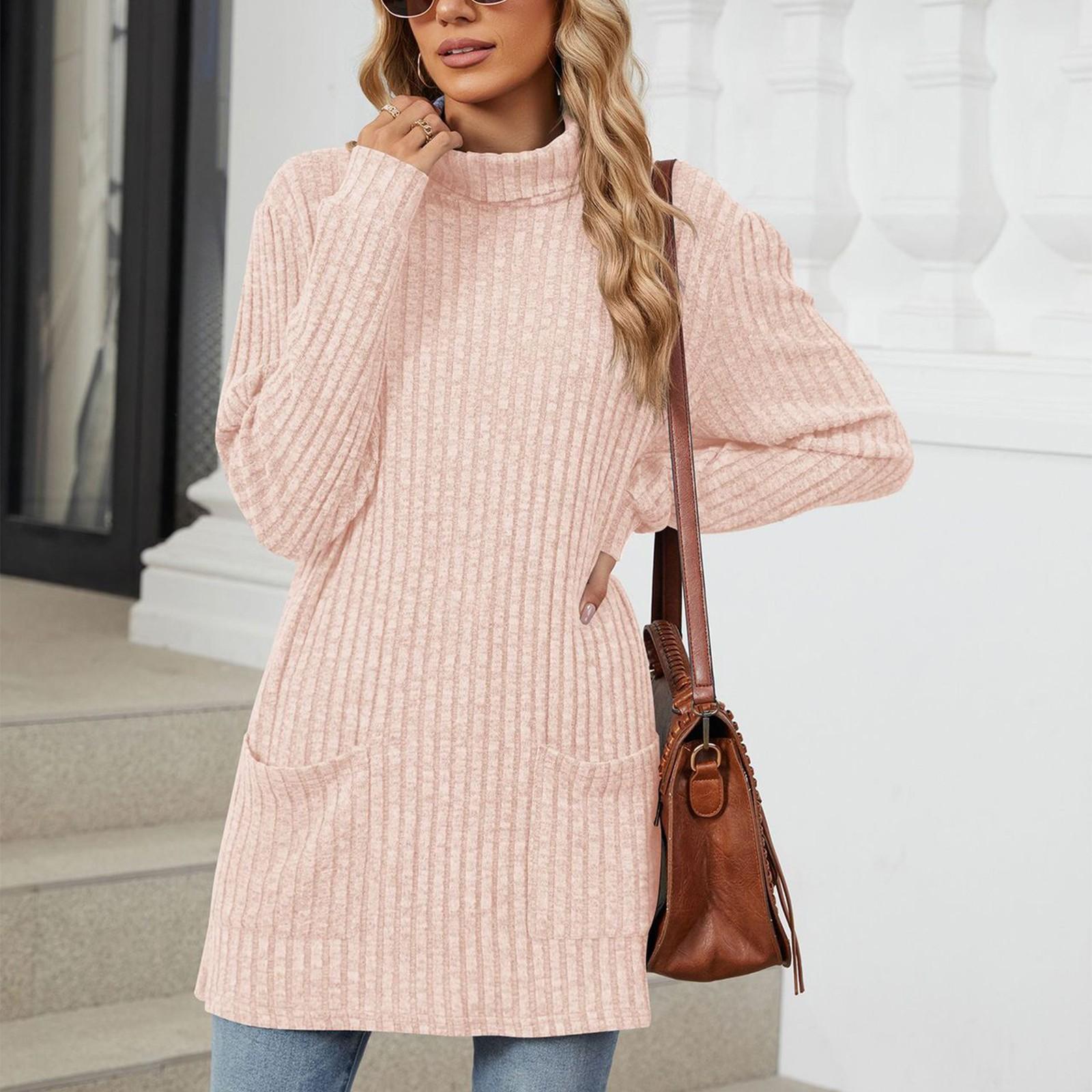 

Women s Fashionable Solid Color Half High Neck Long Sleeved Wide Hem Slit T-shirt Top L рожевий