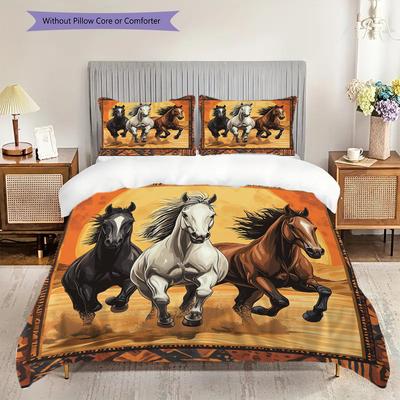 Horse Pattern Bedding Quilt Set Quilt Cover Pillowcase Home Decoration Birthday Gift (1 * Duvet Cover + 2 * Pillowcase, Without Core)