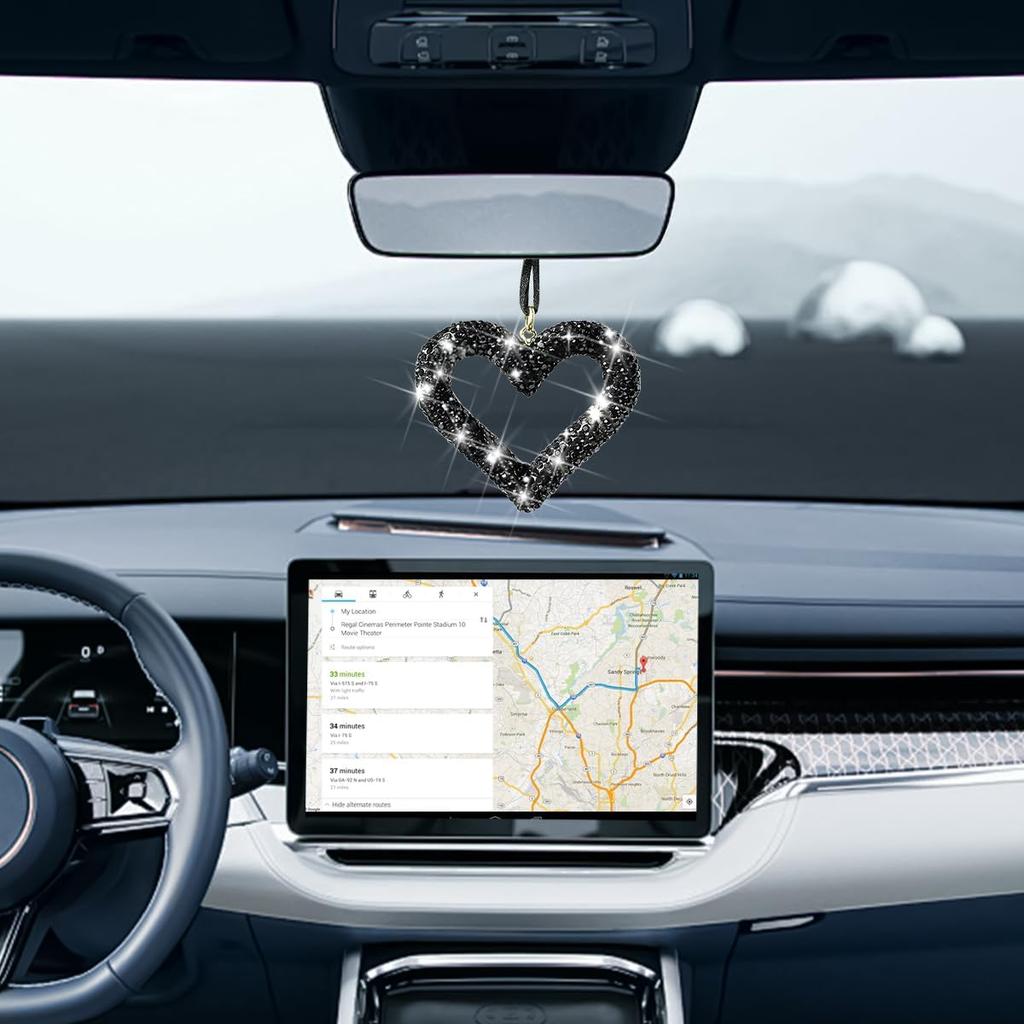 Mandark Bling Heart Car Hanging Accessories, Crystal Rhinestone Vehicle Rear View Mirror Charm Pendant Ornaments, Cute Diamond Auto Interior Hanger