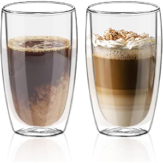 Double Wall Glass Coffee Mugs Set of 2, 16oz/450ml Insulated Glass Mugs for Hot Beverages, Large Clear Coffee Cups for Espresso, Tea, Latte,