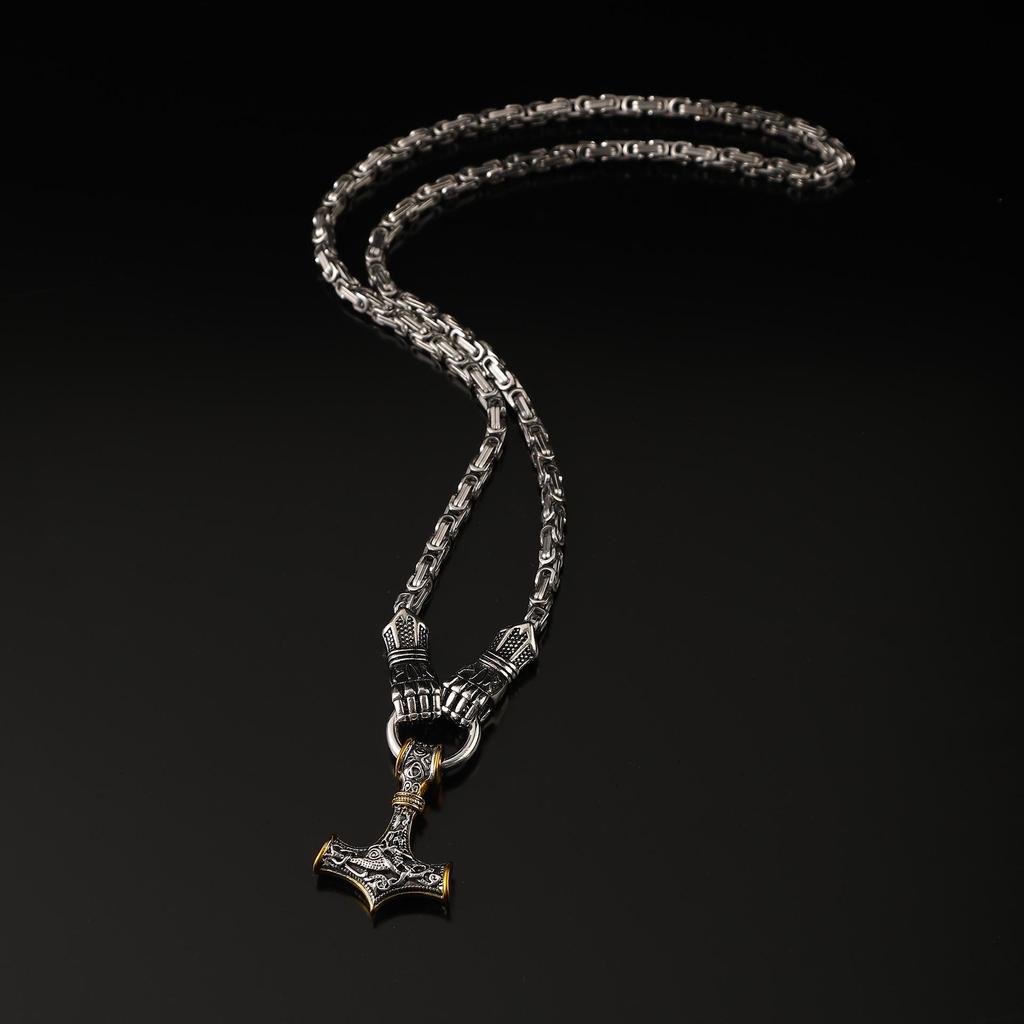 Popular Viking Fist Hammer Pendant Necklace with King Chain - Retro and Bold Design
