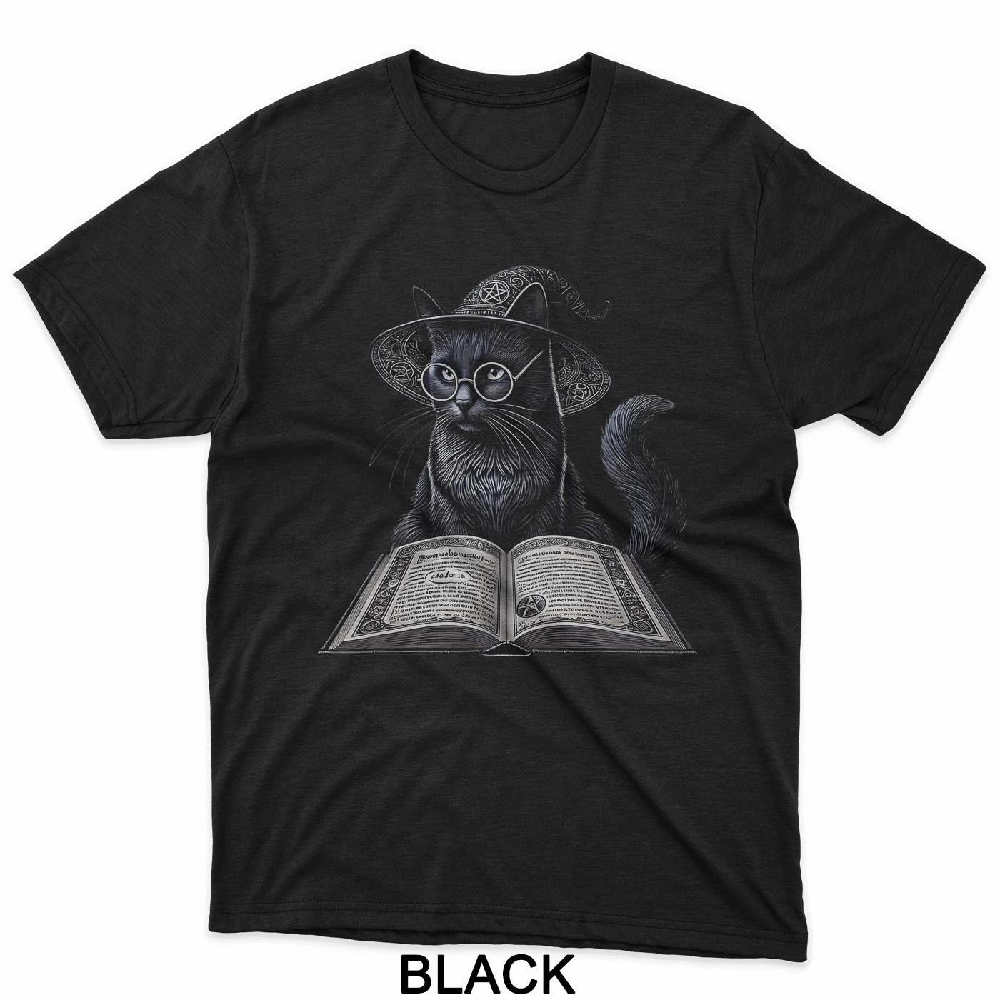 Wizard Cat Reading Spell Book Funny Gothic Dark Magic T-Shirt L