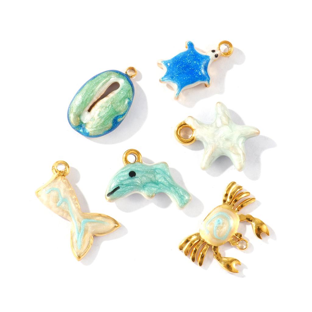 2Pcs 304 Stainless Steel Ocean Jewelry Charms Pearlescent Enamel Whale Turtle Starfish Crab 18K Gold Plated Pendant DIY Necklace