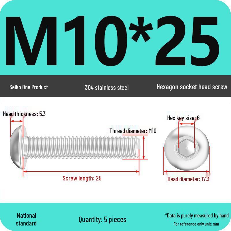 304 Stainless Steel Pan, Half, and Round Head Hexagon Screws (M2-M12)