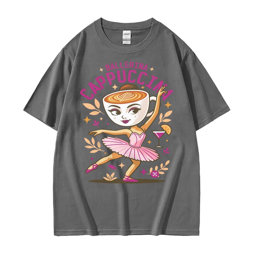 Niedliches Kaffee Ballerina Cappuccina T-Shirt Lustiges Italienisches Brainrot Meme T-Shirts Herren Unisex Übergroßes Mode Rundhals T-Shirt Tops
