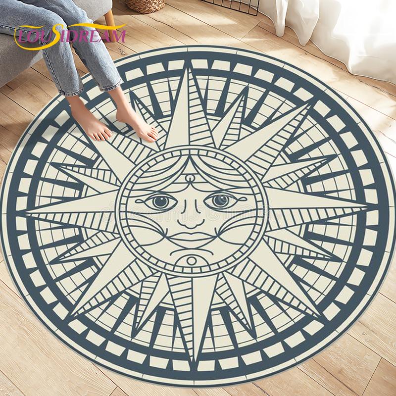 Compass Round Area Rug,Retro British Navy New World Discovery Rug,Carpets for Living Room Bedroom,Kids Play Non-slip Floor Mats