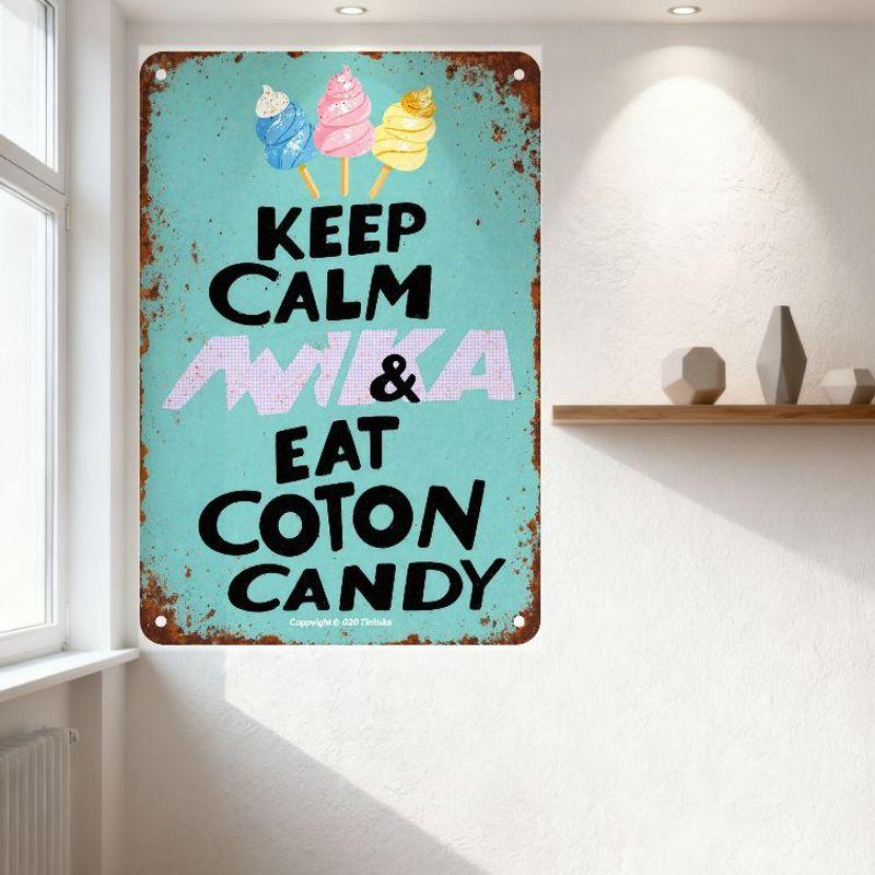 Vintage Keep Calm Eat Cotton Candy Metal Tin Sign - Colorful Cotton Candy Cones Retro Plaque for Home Bar Cafe Man Cave Decor