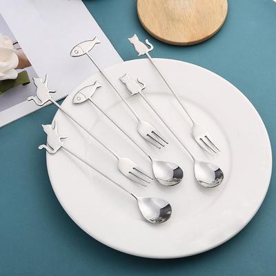 דג חתול כפית קטנה מזלג כפית קינוח יפנית נירוסטה ידית ארוכה כפית לערבוב קפה מזלג לעוגה ציוד כלי שולחן