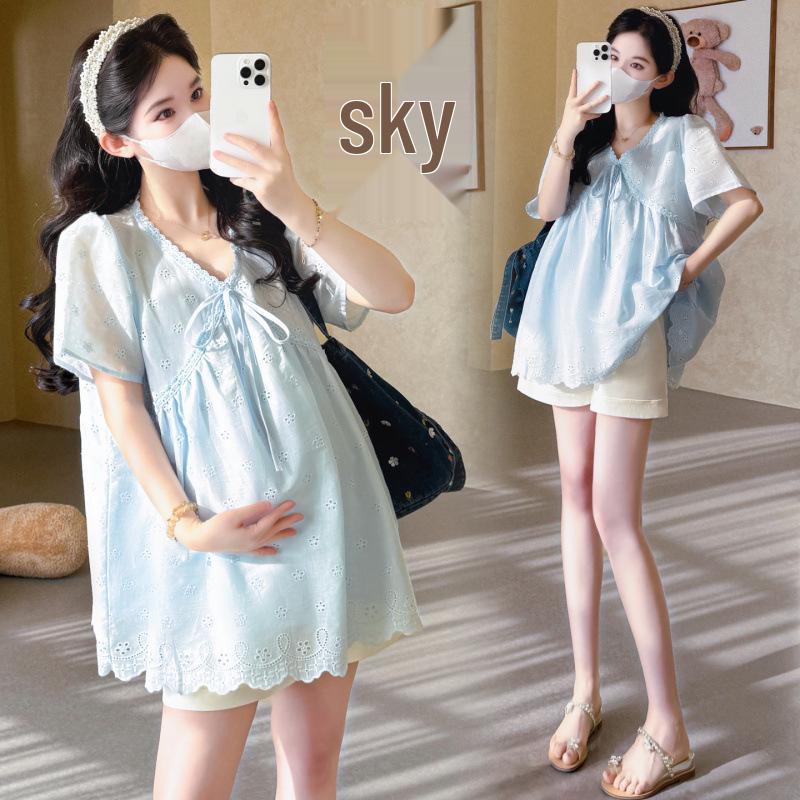 

2026 Summer Korean V-neck Lace Embroidery Doll Shirt & Tummy Support Shorts Set XL