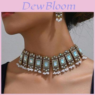 European Style Alloy Gemstone Necklace And Earrings Set With Artificial Pearl Dangles For Women