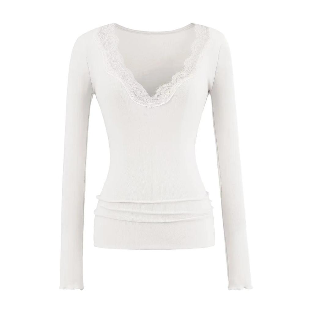 T-shirt da donna a manica lunga in pizzo con scollo a V, vestibilità slim, per Autunno/Inverno