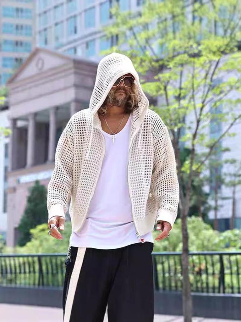 Men's European Mesh Knit Hooded Cardigan Sweater – Sun Protection & Long Sleeve