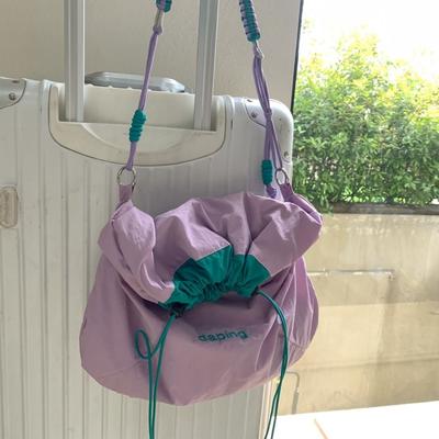 Leisure Lightweight Shoulder Bag Letter Contrast Color Crossbody Bag Large Capacity Nylon Drawstring Bag Girls