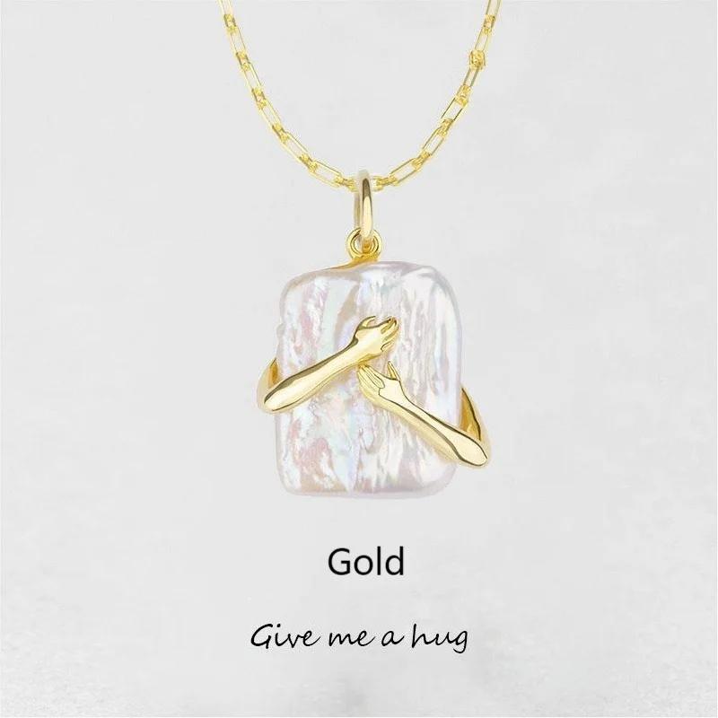 Creative Geometric Square Hands Tightly Embracing Couple Pendant Fashionable Personalized Women Valentine Day Necklace Jewelry