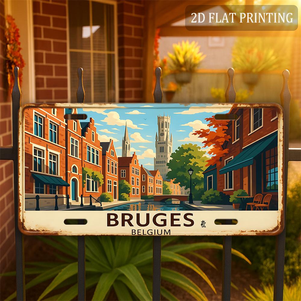 Mfoever Tin Sign HD Aluminum Metal Sign Bruges Belgium Vintage License Plate Style Wall Decor Retro Canal Cityscape European Town Design Tin Po