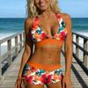 Women Two Piece Bikini Set Drawstring Boxer Shorts Swimsuit Halter Neck Top with Removable Padding Wireless Support Floral Print