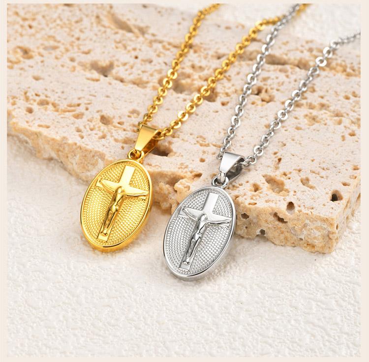Stainless Steel Jesus Cross Oval Pendant Necklace for Women, Anti Tarnish Religious Prayer Communion Jewelry Gift
