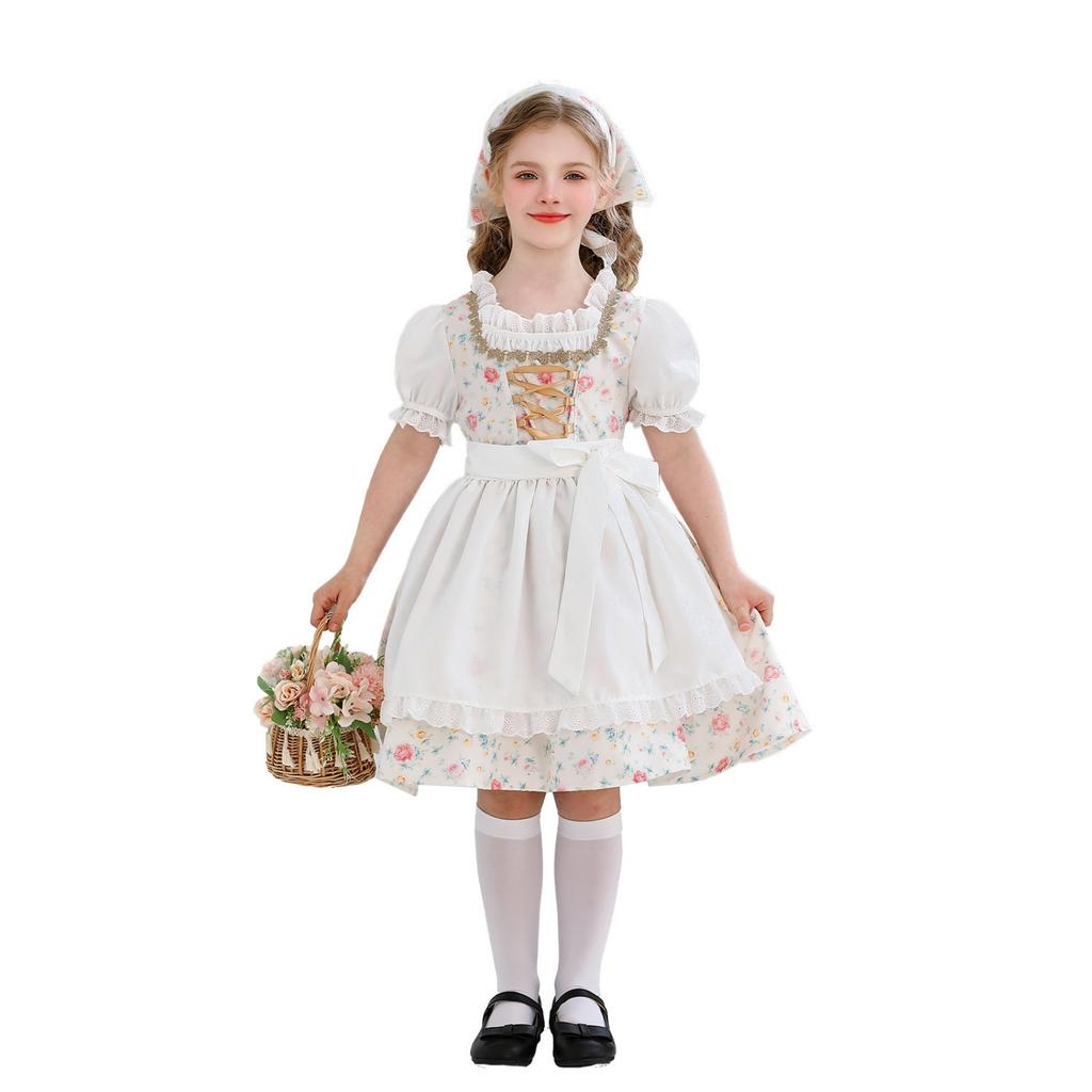 Girls Traditional Dirndl Dress with Apron and Headscarf Farmhouse Lolita Style Costume for Festivals and Themed Events