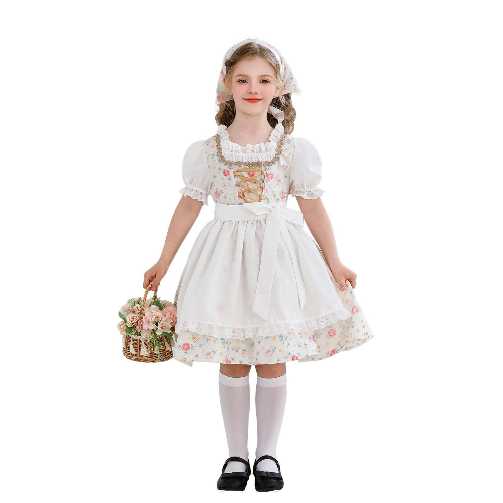 Traditionelles Dirndlkleid für Mädchen mit Schürze und Kopftuch Bauernhaus Lolita Stil Kostüm für Festivals und Mottopartys 140 weiß