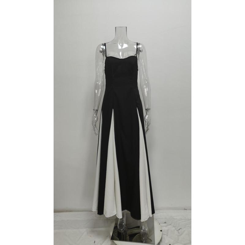 Frühlings-Color-Block-Maxikleid mit Spaghettiträgern, V-Ausschnitt, Hohe Taille, Fließender Saum mit Großer Weite, Langes Kleid, Elegantes Schmal geschnittenes Urlaubs-Abendparty-Sonnenkleid