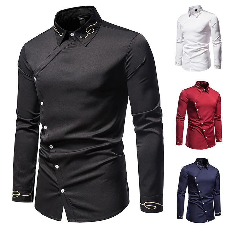 Heren overhemd met lange mouwen geborduurd knoop trouwfeest gentleman casual overhemd