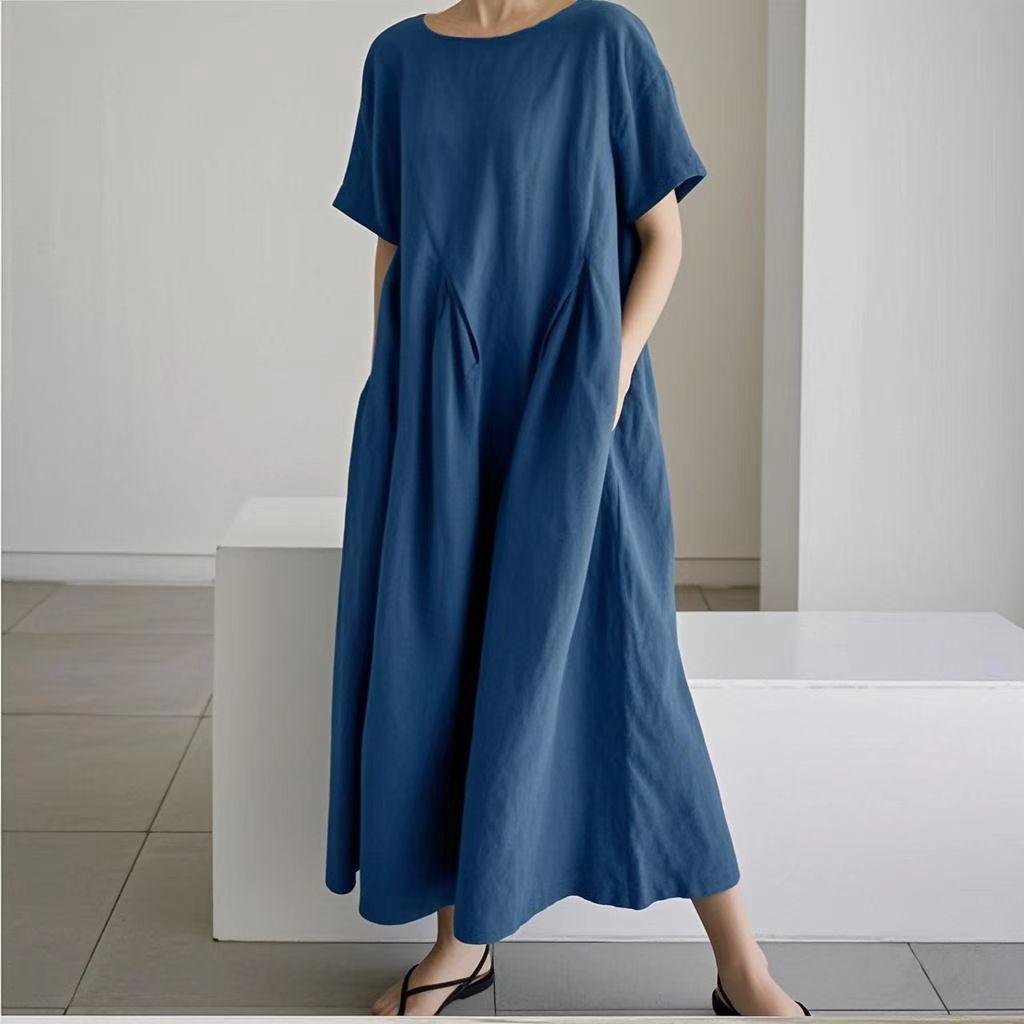 Abito da Donna Primavera Estate Cotone-Lino Ampio Girocollo alla Moda Taglie Forti Manica Corta Casual Comodo Lungo