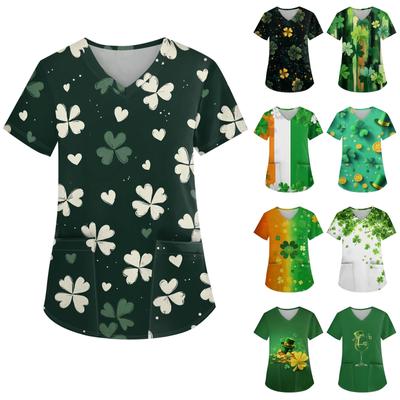Women's Fashion V-neck Short Sleeve Workwear With Pockets Printed Tops