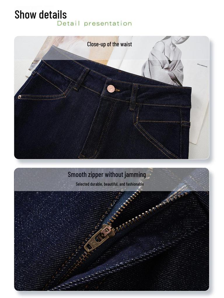 Women's Dark Blue High-Waisted Straight-Leg Jeans - 2025 Spring/Autumn Petite Slimming Loose Fit