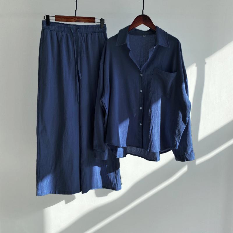 Women's Retro Plus Size 2-Piece Set: Cotton Linen Shirt & High Waist Wide Leg Pants