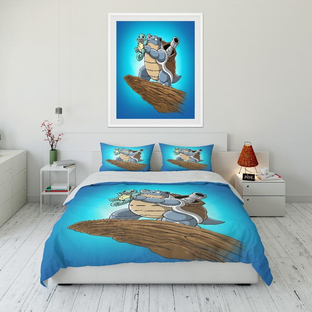 Gift for Anime Fans Pokemon Squirtle Printed Bedding Set 3PC Duvet Cover Adult Kids Gift Full Size Bedding Set Home Bed Decor