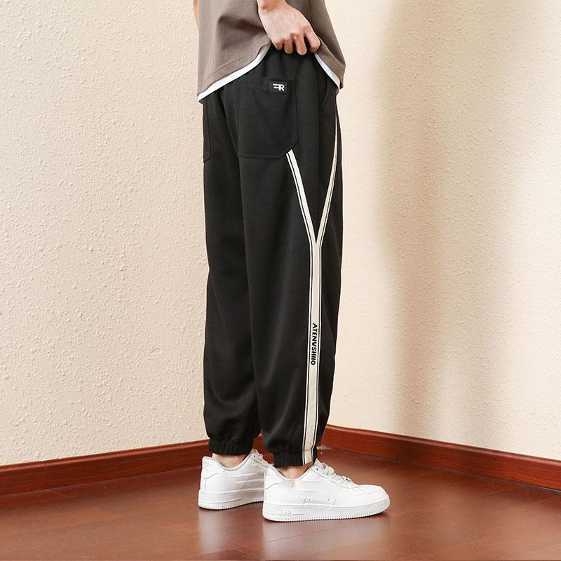 Spring Men's Knitted Drawstring Nine-minute Fat Sports Trend Straight  Pants Plus Size