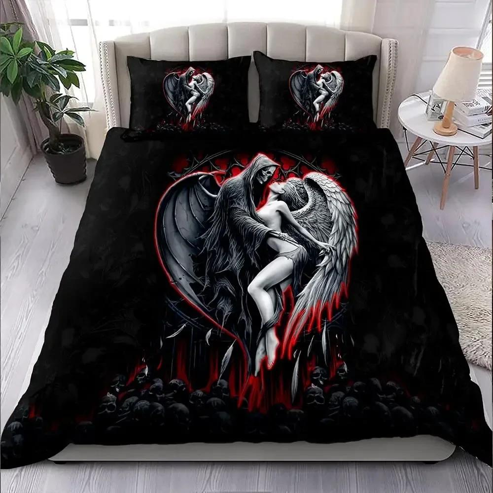 Luxury New 3D Print Skull and Beauty Duvet Cover Set Full Size Gothic Sugar Skull Angels and Demons Bedding Set Double Bed Sets