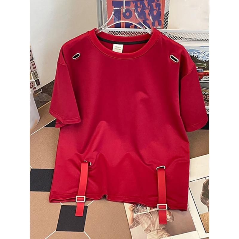 

Summer Solid Color Strap Design T Shirts Men Hip Hop Streetwear Short Sleeve Shirt Casual Oversized Cargo XXL червоний