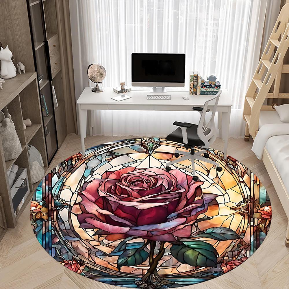 1pc Rose StainedGlass Office Round Area Rug, Under Office Chairs Bedroom Living Room Home Decor, Room Deco