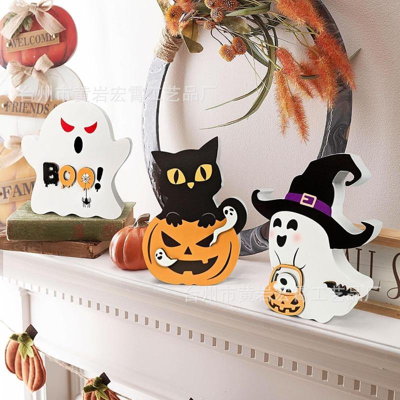 New Halloween Decorations Pumpkin Wooden Ornaments Ghost Festival Atmosphere Decoration Dwarf Ghost Black Cat Wood Products
