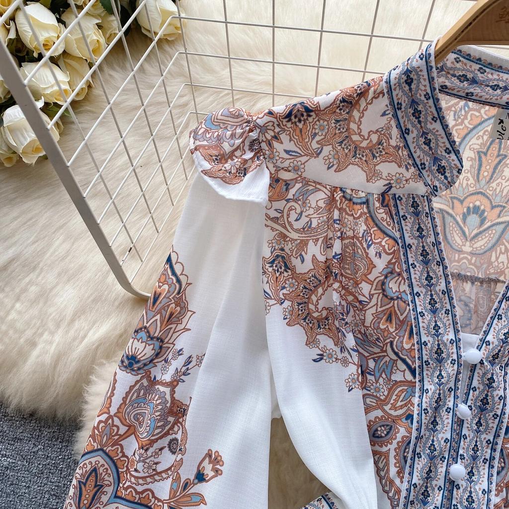 Spring Autumn Dresses Women V-neck Lantern Long Sleeves Floral Single Breasted High Waist Vintage Gorgeous Party Mini Dress Robe