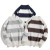 Men's Retro Black & White Striped Knit Sweater, Round Neck, Loose Fit, Autumn/Winter Japanese Style.