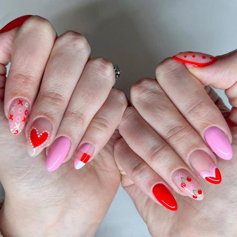 30-Piece Valentine s Day Pearl Almond Nail Art Set - Cute Love Heart & Cherry Plaid Design