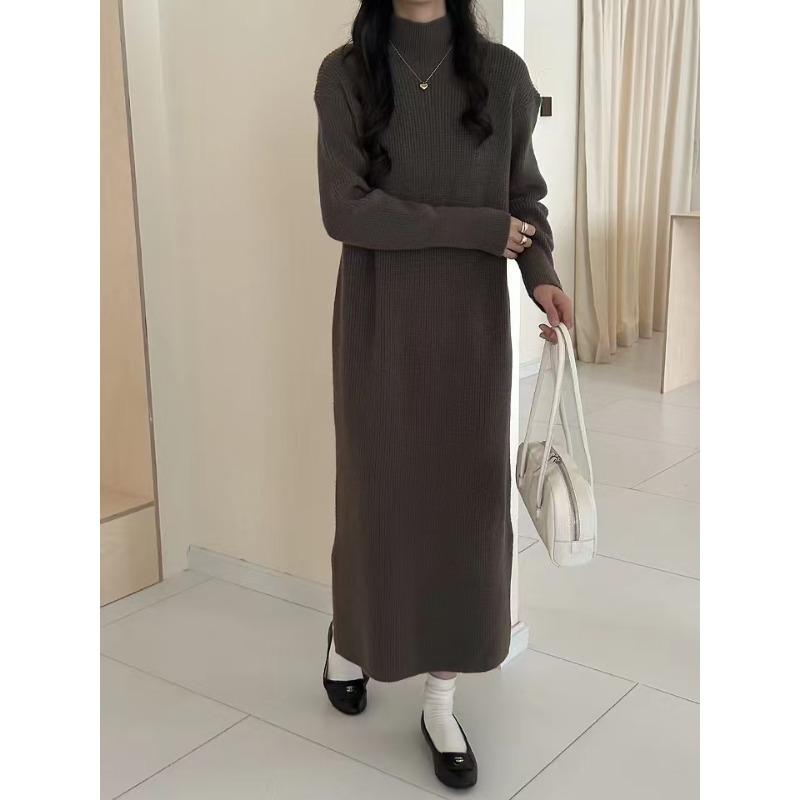 Semi-turtleneck knitted dress autumn and winter with long base over the knee temperament versatile split sweater skirt women