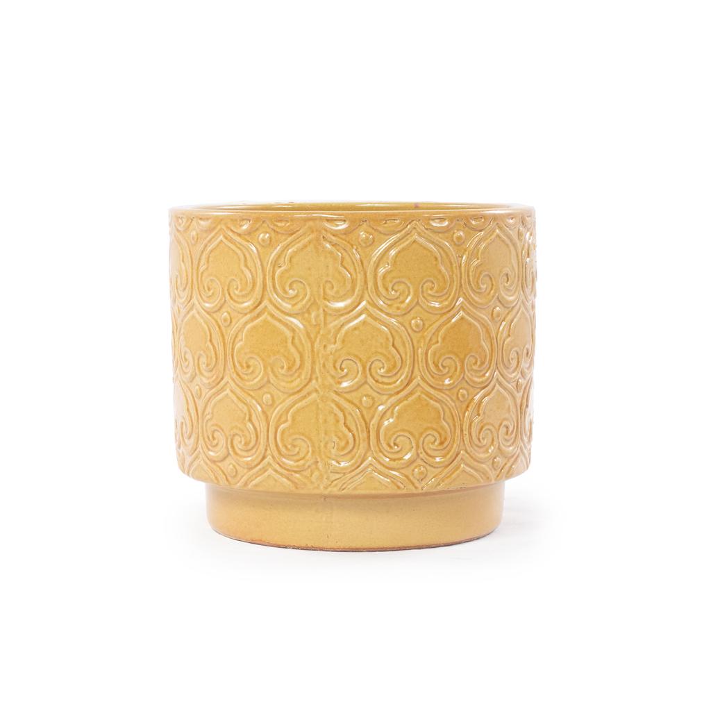 Mini Small Ceramic Plant Pot Ø19 cm, Glossy Warm Yellow Heart-Ornament Relief, Breathable Drainage Hole for Mini Succulents and Desktop Herbs