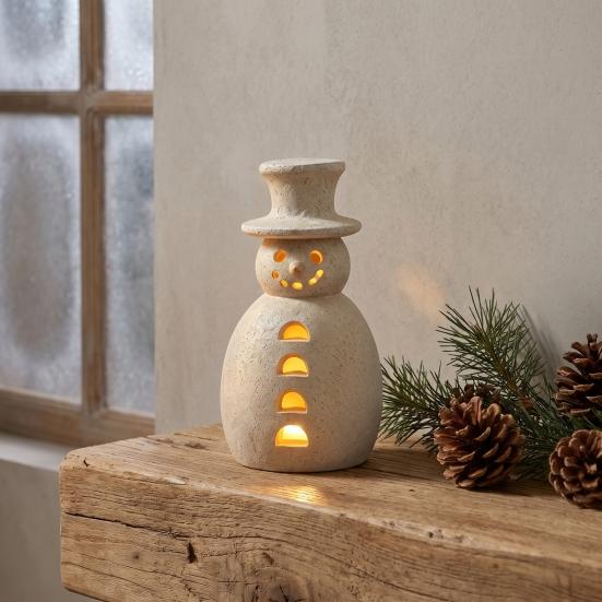 Holiday Table Decor Christmas Snowman Decorative Light, LED Light-up Hollow Figurine, Resin Sculpture Night Lamp for Party Tabletop Statue