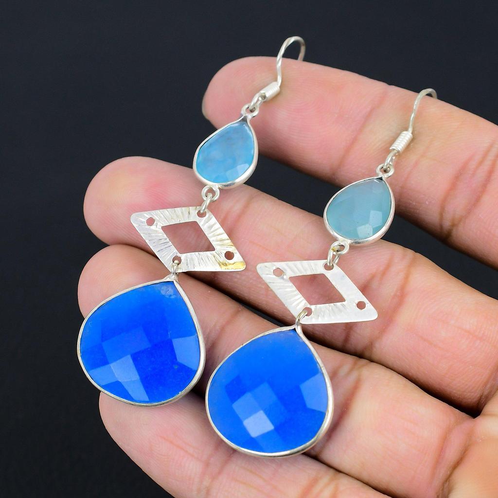 925 Sterling Silver Blue Sapphire Stone Dangle Drop Wife Hook Earrings Jewelry