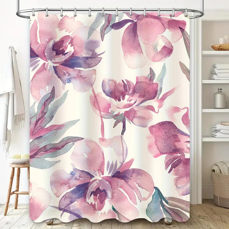 Floral Bath Curtain Set with Watercolor Design Pink Orchid Shower Curtains for Bathroom Decor Modern Home Decorative Shower Pane