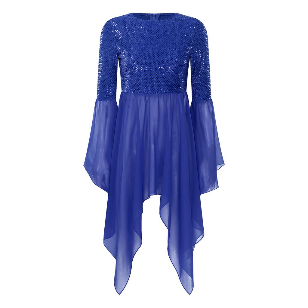 Damen Glitzer Pailletten Liturgisches Tanzkleid Patchwork Anbetungs Tunika Rundhals Ausgestellter Ärmel Asymmetrischer Saum Kleid