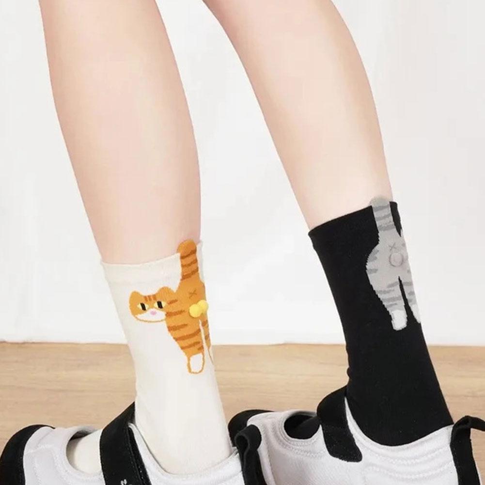 2 Pairs 3D Cute Cat Socks Black/White Funny Cat Cotton Socks Breathable Soft Girl Women Novelty Stocking Kawaii Gift Sock Set