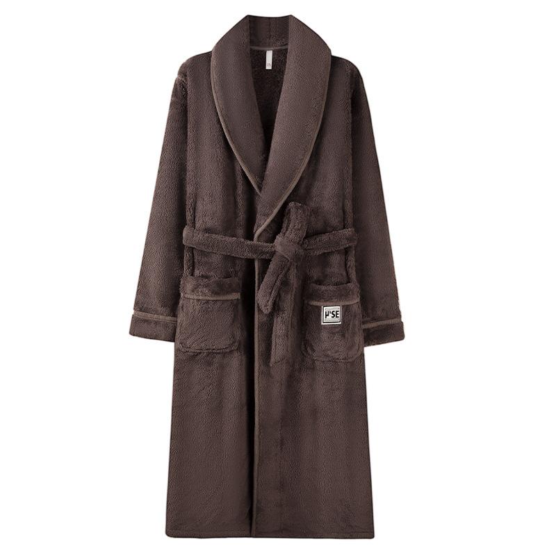 Coral Fleece Nightgown Men'S Pajamas Autumn And Winter Fleece Thickened Thermal Flannel Medium And Long Bathrobe